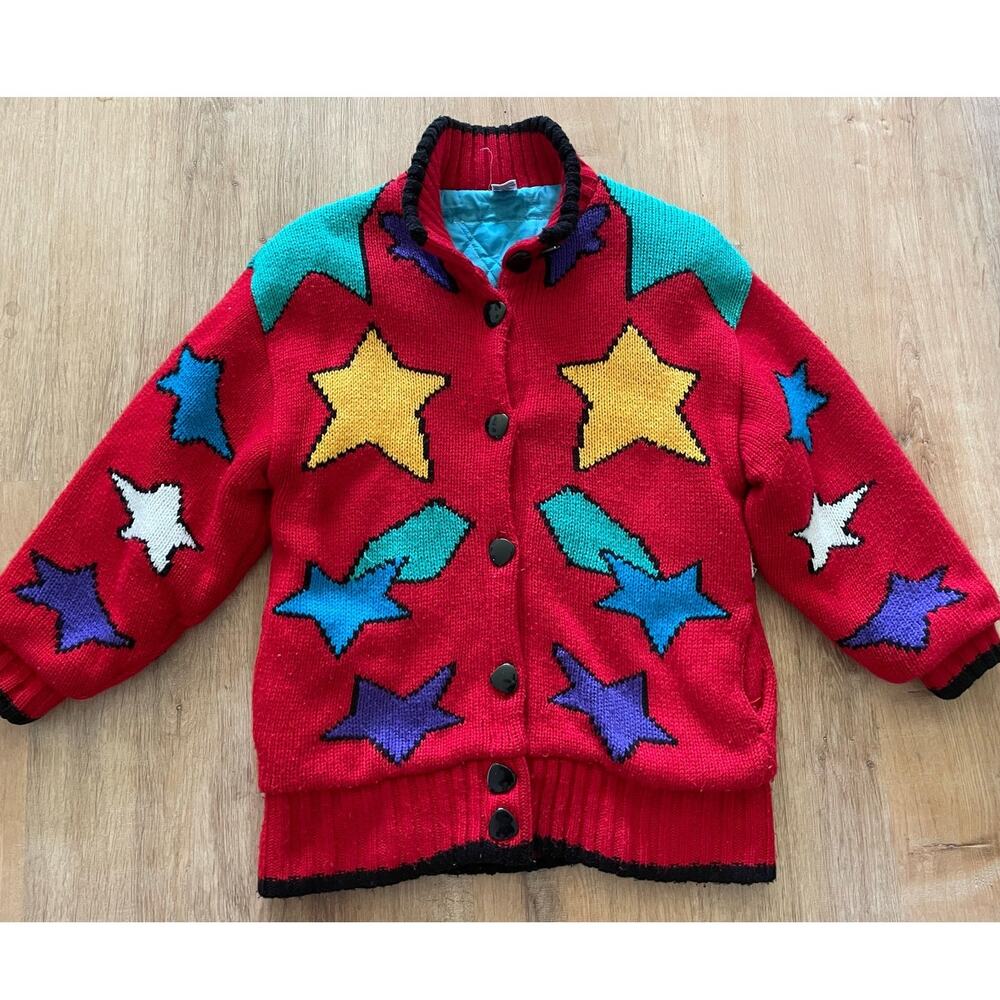 VTG 90s Womens Knit Lined Stars Pattern Jacket Red Blue size 14